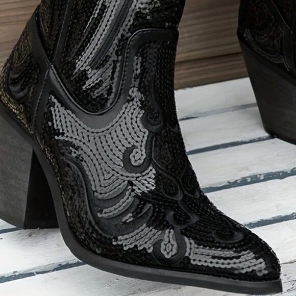 Gorgeous Black Sequin Cowboy Cowgirl Western Boots Stampede Festival - Picture 4 of 4